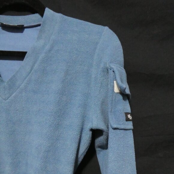 UB JEANS | Striped Light Blue Fleece V-Neck Long Sleeve Shirt W/ Sleeve Pocket - Picture 5 of 15